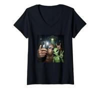 Mujer Bigfoot Alien OVNI Selfie Sasquatch Bosque Criptido Paranormal Camiseta Cuello V