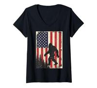 Mujer Bigfoot Big Foot Bandera Estadounidense Sasquatch 4 de Julio Merica Camiseta Cuello V