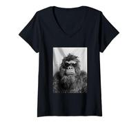 Mujer Bigfoot con Gafas de Sol Cool Forest Creature Photo Booth Camiseta Cuello V