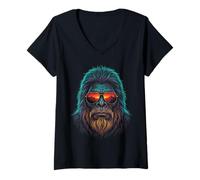 Mujer Bigfoot - Gafas de Sol con Gafas de Sol y Puesta de Sol en la montaña Camiseta Cuello V