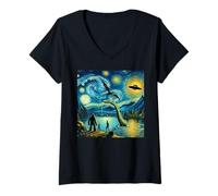 Mujer Bigfoot Noche Estrellada Lago Ness Extraterrestre OVNI dragón Lindo Lago Camiseta Cuello V