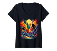 Mujer Bigfoot Par Otoño Bosque Cañón Cryptid Adventure Art Camiseta Cuello V