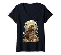 Mujer Bigfoot Rezando Coqueta Católica Sagrada Vintage Rosario Arco Camiseta Cuello V