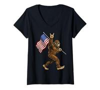 Mujer Bigfoot Rock On Hand - Letrero de Bandera Estadounidense del 4 de Julio de Estados Unidos Camiseta Cuello V
