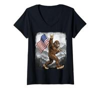 Mujer Bigfoot Rock On Hand - Letrero de Bandera Estadounidense del 4 de Julio de Estados Unidos Camiseta Cuello V