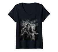 Mujer Bigfoot Sasquatch Selfie Rock En UFO Divertido Camiseta Cuello V