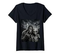 Mujer Bigfoot Sasquatch Selfie Rock En UFO Divertido Camiseta Cuello V
