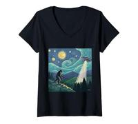 Mujer Bigfoot se encuentra con un OVNI bajo un cielo estrellado remolino Camiseta Cuello V