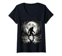 Mujer Bigfoot Silhouette Sasquatch Lago Bosque Iluminado por la Luna Camiseta Cuello V