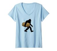 Mujer Bigfoot sosteniendo un Barril de Cerveza Camiseta Cuello V