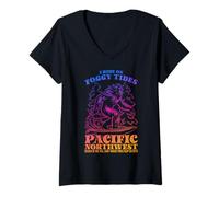Mujer Bigfoot Surfing I Ride On Foggy Tides Pacific Northwest Camiseta Cuello V