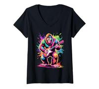 Mujer Bigfoot Tocando Guitarra Póster Estilo Colorido Pintura Salpicadura Camiseta Cuello V