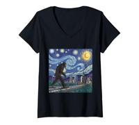 Mujer Bigfoot Vaga Ciudad Bajo Cielo Nocturno Estrellado Camiseta Cuello V