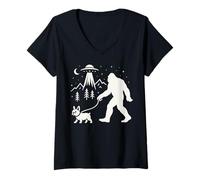 Mujer Bigfoot Walking Bulldog Francés Divertido OVNI Alien Sasquatch Camiseta Cuello V