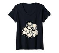 Mujer Bigfoot y Alien Amistad Amor Paranormal Sasquatch OVNI Camiseta Cuello V