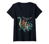 Mujer Bigfoot y Sus Amigos Montando el Monstruo del Lago Ness Camiseta Cuello V