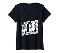 Mujer Biker I Just Want To Ride My Bike Motocicleta Motocicleta Camiseta Cuello V