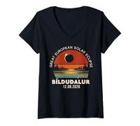 Mujer Bíldudalur, Islandia Gran Eclipse Solar Europeo 2026 Camiseta Cuello V
