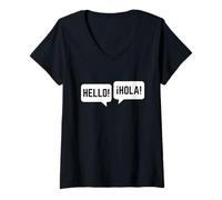 Mujer Bilingual Hello Hola Spanish English Friendship Friends Camiseta Cuello V