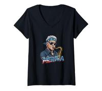 Mujer Bill Clinton tocando el saxofón, 4 de julio Merica Camiseta Cuello V