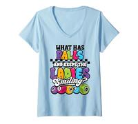 Mujer Bingo Divertido Jugador Tiene Bolas Mantiene Damas Sonriendo Camiseta Cuello V