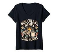 Mujer Binocular Brews & Bird Songs observación Aves café Camiseta Cuello V
