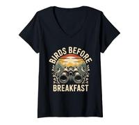 Mujer Birds Before Breakfast Retro observación Aves prismáticos Camiseta Cuello V
