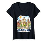Mujer Birmingham Inglaterra Skyline Lindo Recuerdo de Viaje Europa Camiseta Cuello V