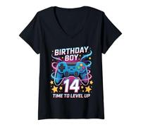 Mujer Birthday Boy Time To Level Up Gamer Videojuego 14 Años Camiseta Cuello V