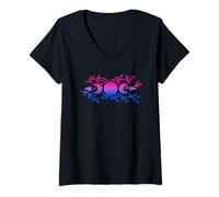 Mujer Bisexual Moons Wiccan Pagan Bi Pride Flag Floral Boho Witchy Camiseta Cuello V