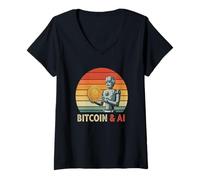 Mujer Bitcoin & AI KI Roboter Minería digital Nakamoto HODL Bitcoin Camiseta Cuello V