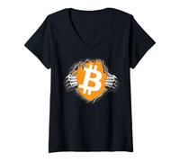 Mujer Bitcoin Superhero Logo Reveal Big White BTC Símbolo Ripping Camiseta Cuello V