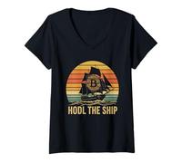 Mujer Bitcoiner Navegación Náutico Océano Olas Comercio Finanzas Bitcoin Camiseta Cuello V
