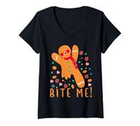 Mujer Bite Me! - Pijama Divertido de Galletas navideñas de Pan de Jengibre Camiseta Cuello V