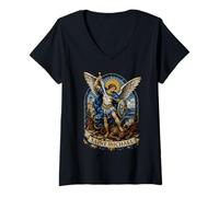 Mujer Bizantino San Miguel Arcángel Sagrado Icono Arte Camiseta Cuello V