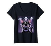 Mujer Black Cat Alien OVNIs Cute Kawaii Goth Girl Clothes Pink Goth Camiseta Cuello V
