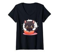 Mujer Black Cat Book Lover Reading Easily Distracted by Books Cats Camiseta Cuello V