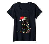 Mujer Black Cat Christmas Lights Funny Holiday Santa Kitty Lover Camiseta Cuello V
