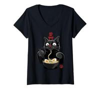 Mujer Black Cat Eating Ramen Noodles Japan Kanji Love Anime Design Camiseta Cuello V