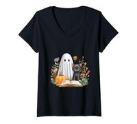 Mujer Black Cat Halloween Shirt Book Lover Halloween Ghost Camiseta Cuello V