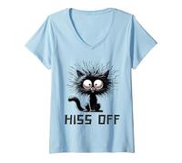 Mujer Black Cat Hiss Off Meow Cat Funny Cat Lover para Hombres y Mujeres Camiseta Cuello V