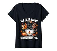 Mujer Black Cat In Fall Hot Tea Cup For Kitten Mom Cute Autumn Camiseta Cuello V
