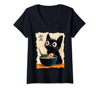 Mujer Black Cat Ramen Japanese Kawaii Anime Cat Ramen Camiseta Cuello V