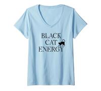 Mujer Black Cat Witch Energy Black Cat Halloween Cute Witchy Cat Camiseta Cuello V