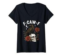 Mujer Black Crow F-Caw-F Funny Halloween Moon Gothic Adult Humor Camiseta Cuello V