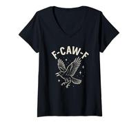 Mujer Black Crow F-Caw-F Funny Halloween Moon Gothic Adult Humor Camiseta Cuello V