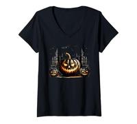 Mujer Black Halloween Castle Decor Jack O Lantern Pumpkin and Bats Camiseta Cuello V