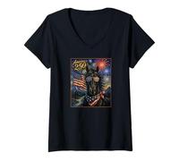 Mujer Black Horse Art America 250 Anniversary 4th of July USA Flag Camiseta Cuello V