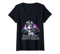 Mujer Black Is My Happy Color Gothic Girl Dark Goth Ocult Unicorn Camiseta Cuello V