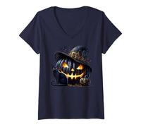 Mujer Black Pumpkin Face In Witch Hat with Witchy Halloween Cat Camiseta Cuello V